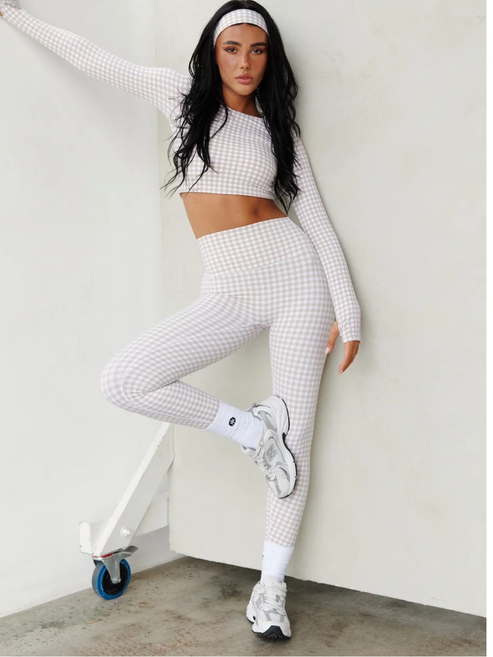 NWT Astoria Luxe Balance Beige White Gingham High Rise Leggings Sz XS